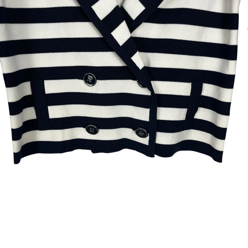 GIANNI BINI Women's Blazer Jacket Striped Dark Navy Blue White L Silk Blend Knit